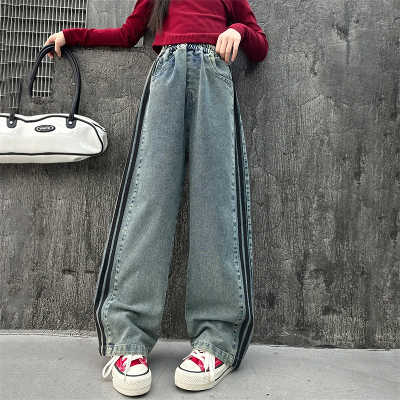 Hot Deals Children y2k Baggy Jeans with Side Stripes For Tweens Girl Casual Striped Denim Pants Kids Streetwear Jeans Trousers