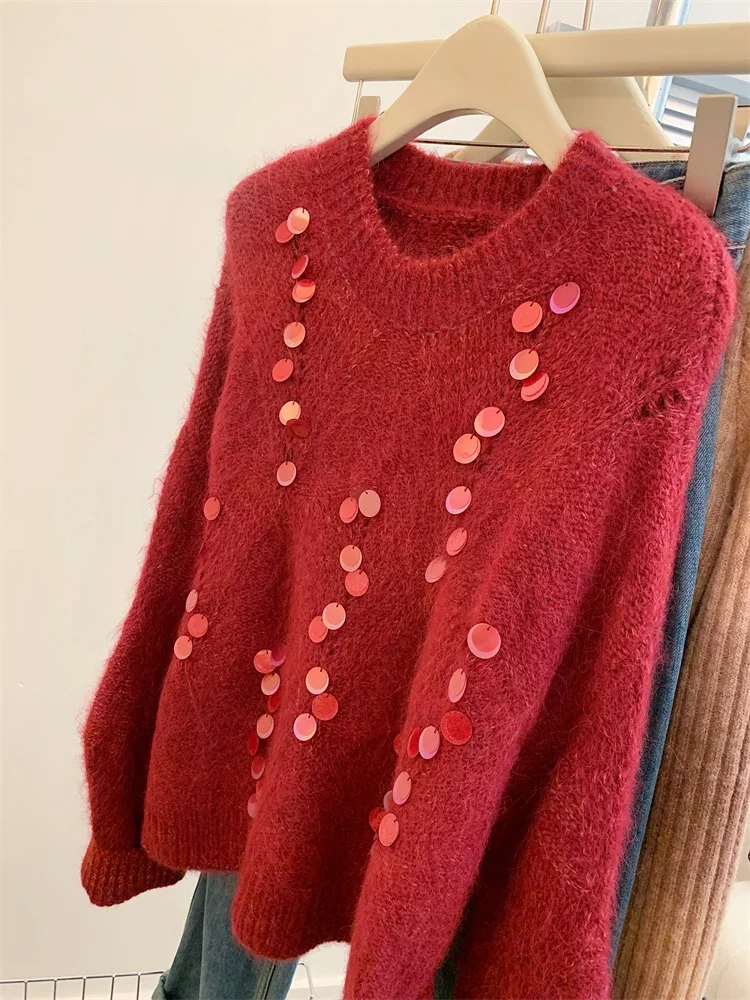 Autumn 2024 French Fashion Heavy Industry Sequin Pullover Sweater Loose Soft Waxy Knitted Sweater Slimming Cashmere Sweater