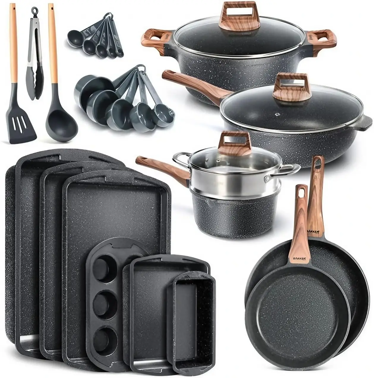 20-Piece Kitchen Cookware Set – Granite Non-Stick – Eco-Friendly – for All Stoves & Oven-Safe - Marble coating