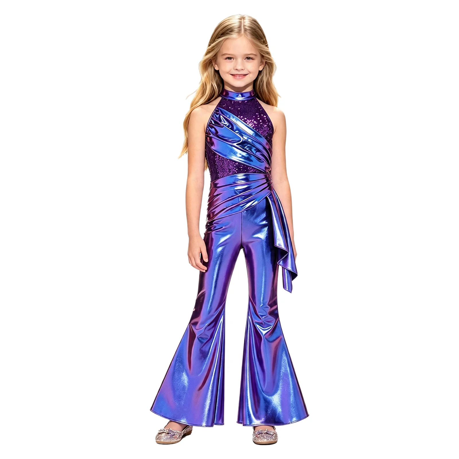 Kids Girls Halter Jumpsuit 70s 80s Disco Outfit Childs Sleeveless Sequined Metallic Flared Pants Rompers for Jazz Dance Costume view 5
