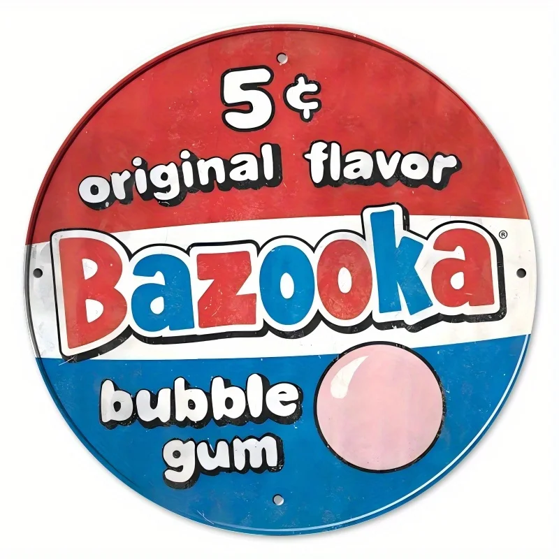 شعار Vintage Bazooka Bubble Gum - ديكور جدار حديدي مستدير 8 بوصة، نكهة أصلية، تصميم قديم، مثالي للحانات والمقاهي والنوادي، K #2