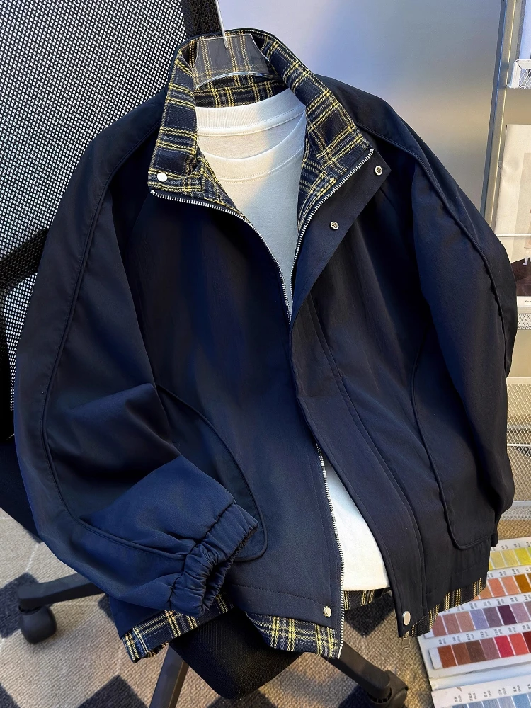 

Men Spring Fall Layered Stand Collar Jacket Plaid Coat Vintage Edgy Streetwear Jacket Athleisure Casual Double Placket Outerwear