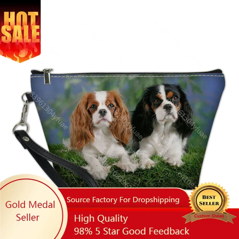 Leather Ladies Cosmetic Bags Women Girls Makeup Bag Cute Cavalier King Charles Spaniel Dog Print Toiletry Storage Make Up Bag