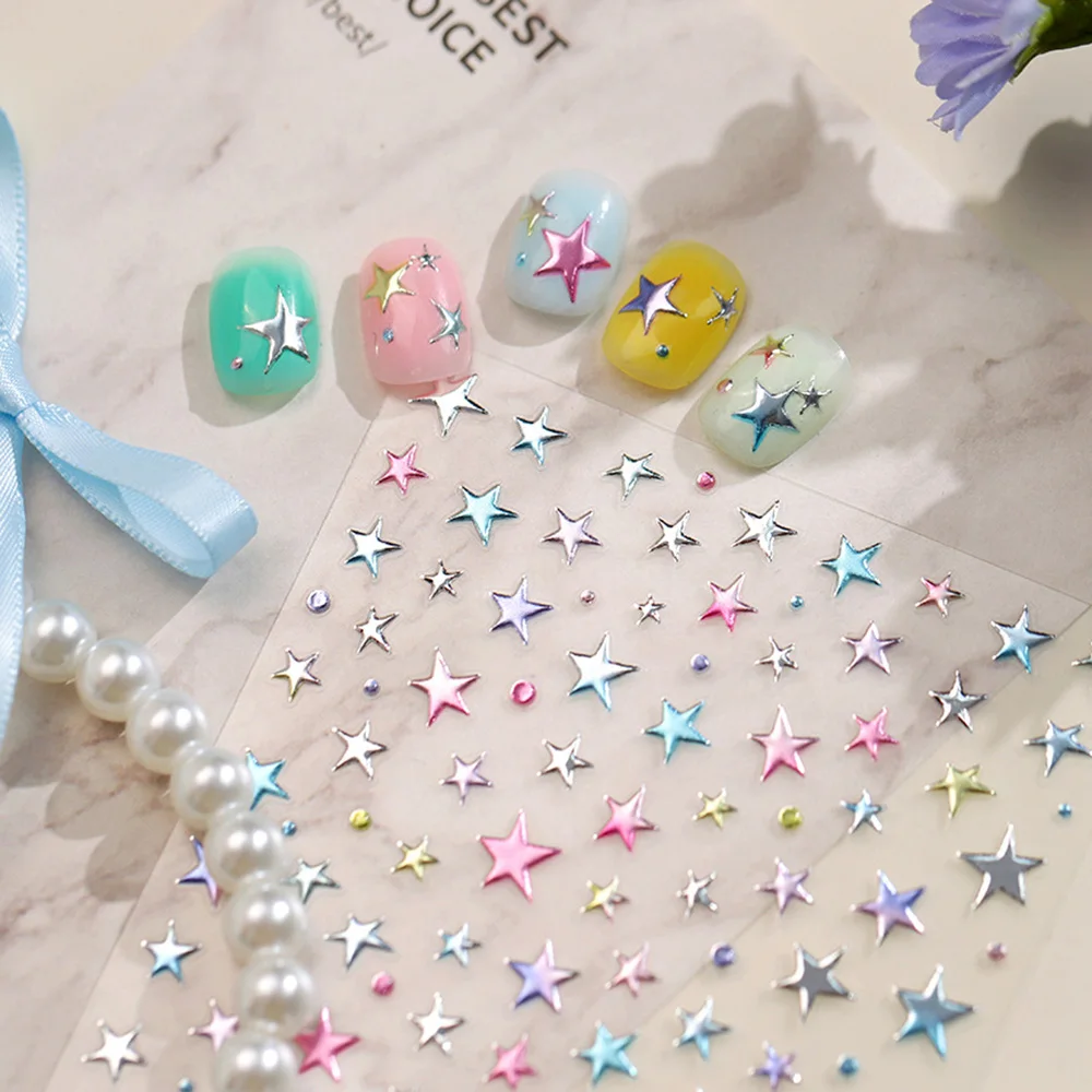 5D Embossed Holographic Star Nail Stickers Metallic Shiny Self Adhesive Decals Cute Y2K Accessories for DIY Manicure Party Decor