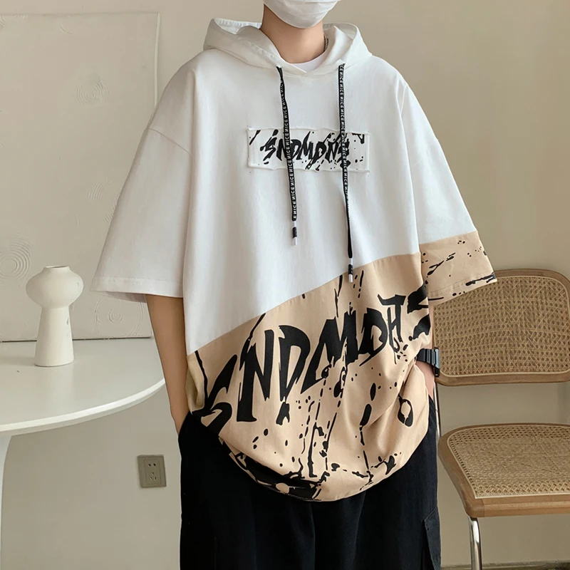 Hong Kong Style Letter Pullovers Spliced Summer Youthful Vitality Hooded Men's Clothing Fashion Drawstring Half Sleeve T-shirts