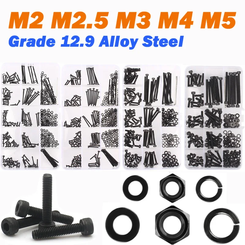 

Набор черных винтов с шестигранной головкой (1 коробка): M2, M2.5, M3, M4, M5, класс прочности 12.9, из легированной стали, с пружинными шайбами и гайками