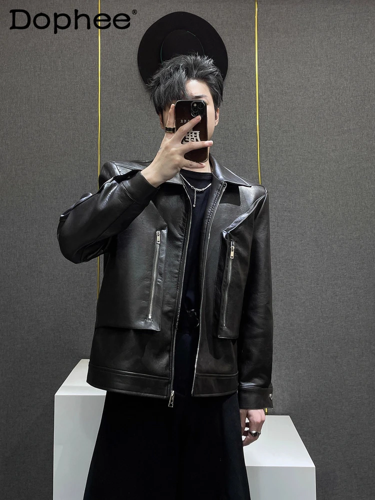 

Men's Zipper Design PU Jackets Men's 2025 Autumn New High-end Trendy Coats Masculinity American Style Retro Faux Leather Jackets