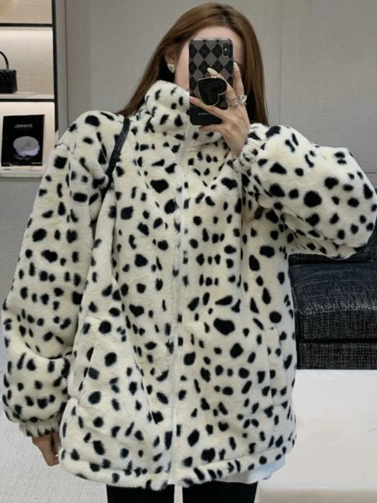 Faux Fur Leopard Pattern Fur Coat For Women Loose Thickened Padded Coat Chic Winter Faux Rabbit Fur Warm Trendy Coat Top