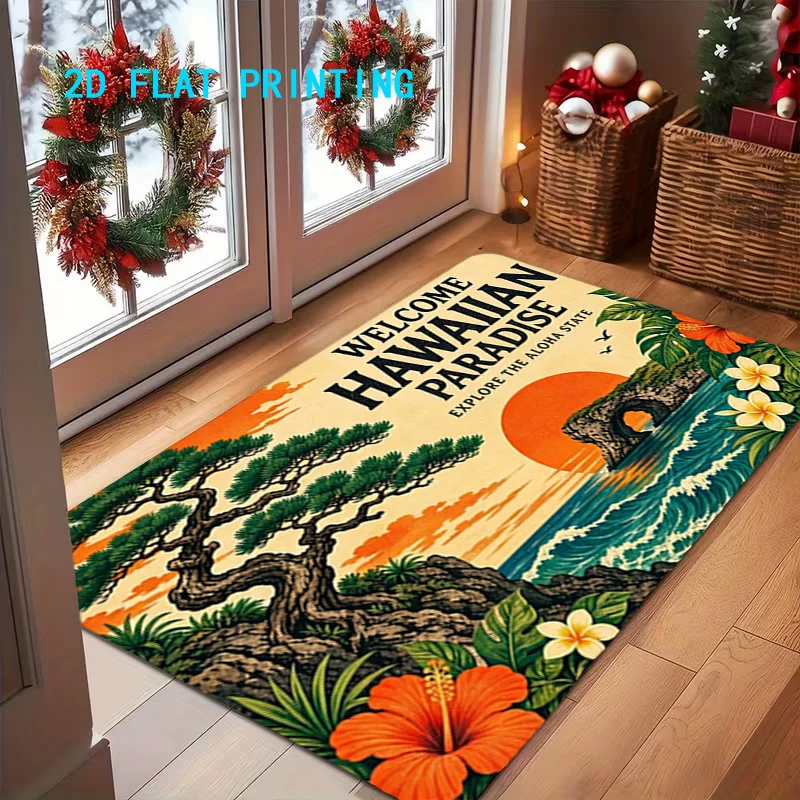 Hawaiian Paradise Welcome Doormat 2D Flat Printed Tropical Sunset Ocean Flower Floor Rug Non Real Embroidery Entryway Home Decor