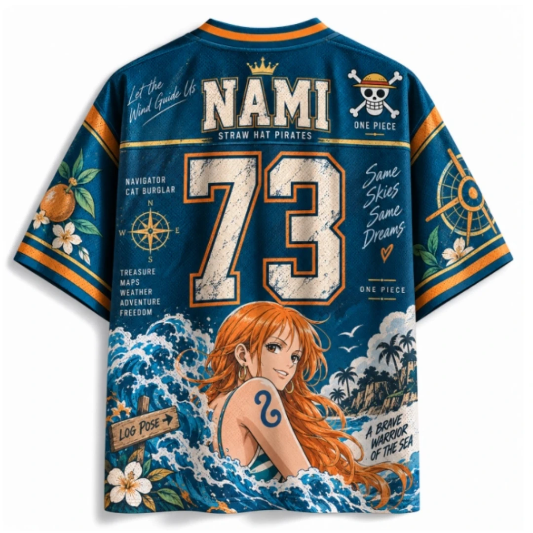 One Piece Nami Navy Blue Orange V-neck Breathable Mesh Anime Printed Straw Hat Ocean Wave Pattern Sports and Leisure T-shirt