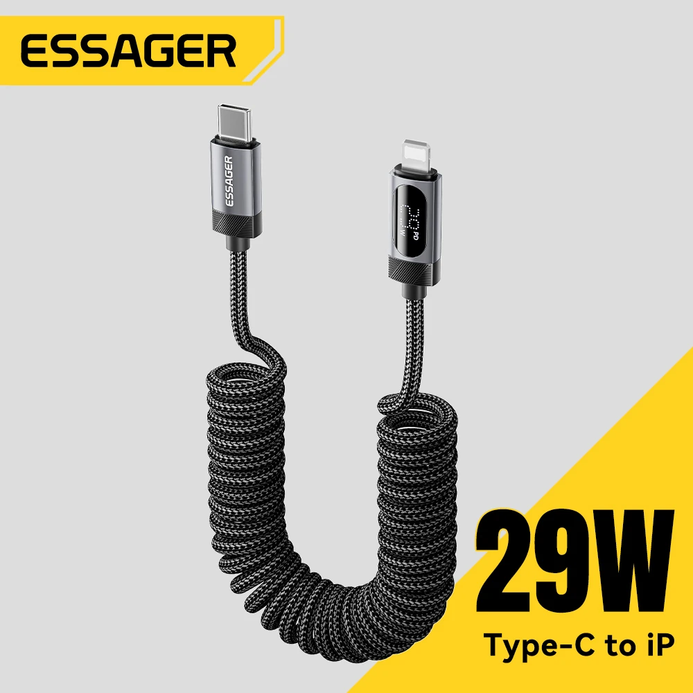 

Essager 29 Вт Тип C к кабелю Lightning Пружинное выдвижное автомобильное зарядное устройство для телефона USB C Быстрая зарядка для iPhone 14 13 1,8 м Кабель CarPlay