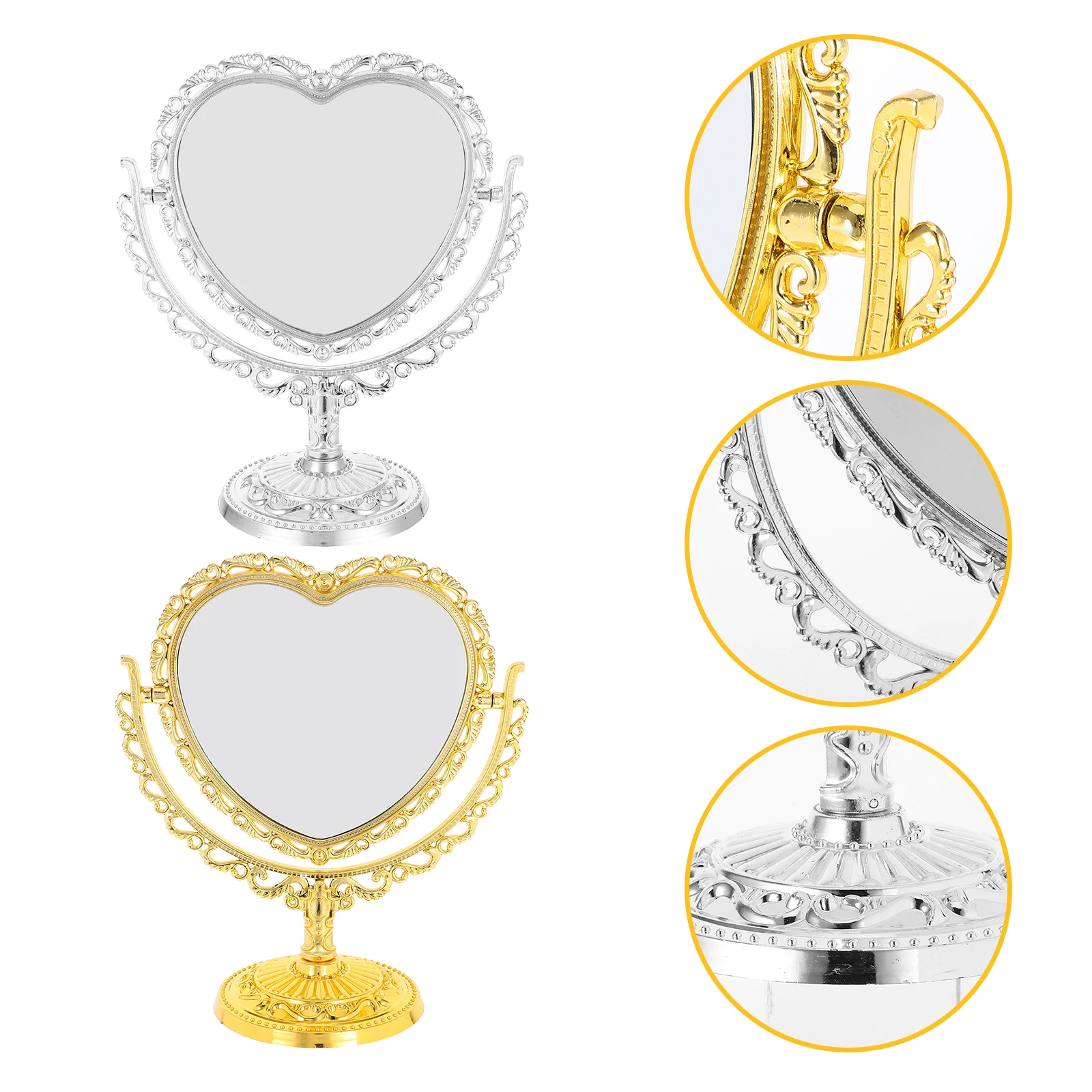 

2pcs Heart Shape Makeup European Vintage Style Dual-Sided Swivel Vanity Desktop Rotating Mirror Small Decorative Makeup Mirror