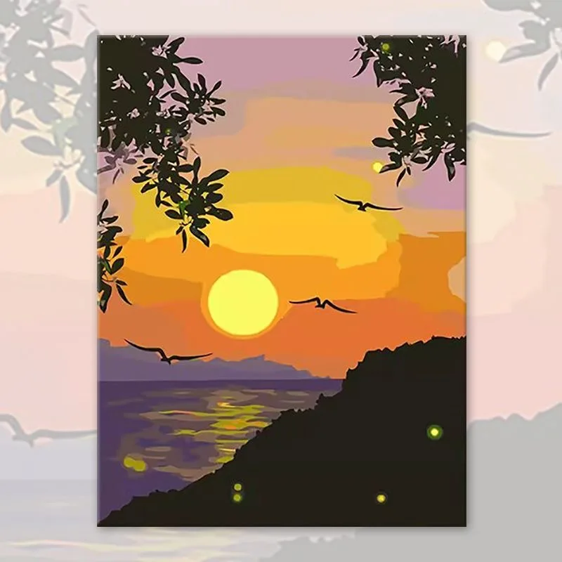 

2-0010 Sun Moon Village Painting - Countryside Landscape Art - Rustic Home Decor