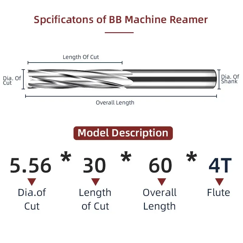 BB Machine Reamer 5.56mm~7.3mm Spiral Flute Solid Carbide Uncoated Tolerance Chucking Metal Cutter CNC for Aluminum