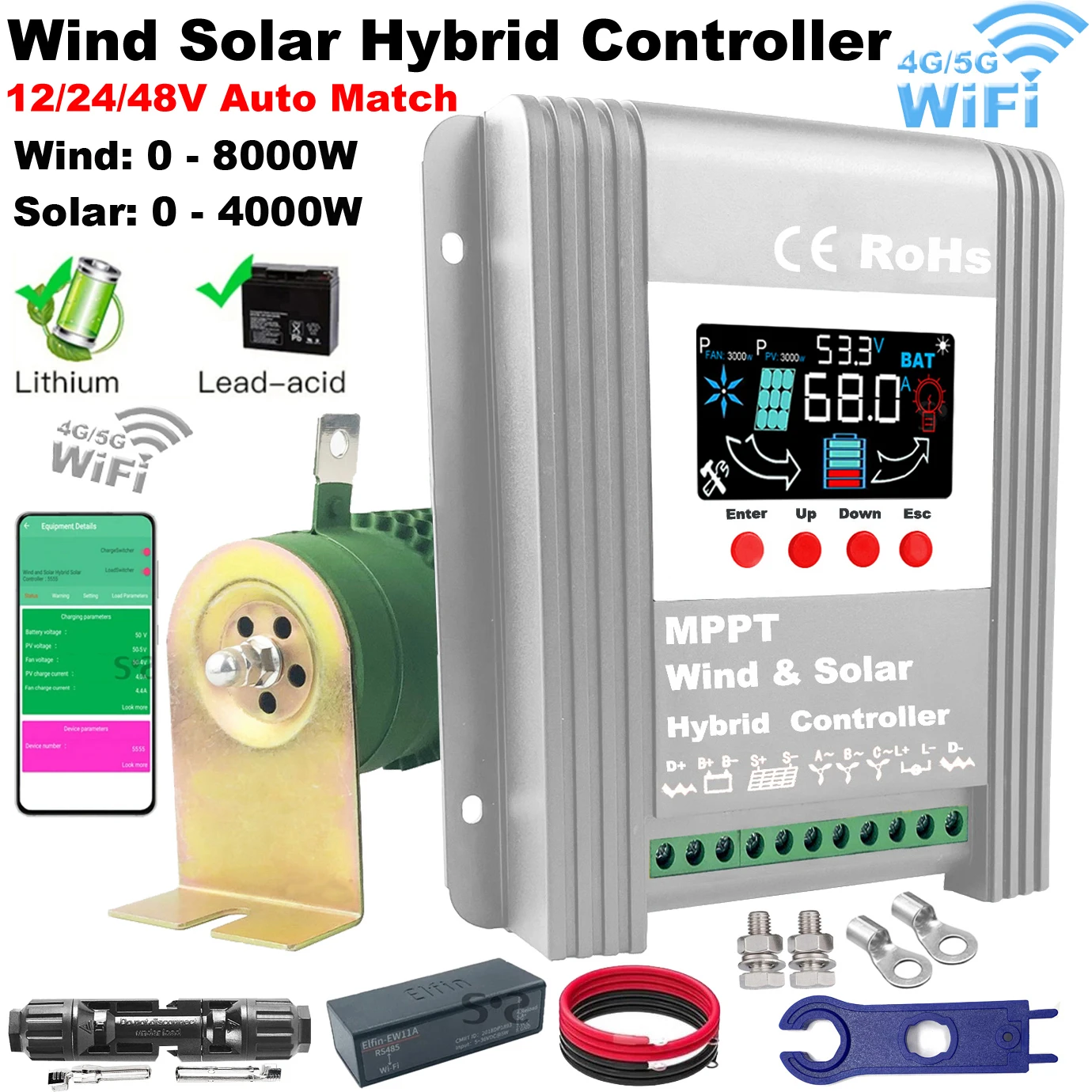 

MPPT Wind Solar Hybrid Charge Controller 12/24V/48V Auto Wind Max 9000W Solar 6000W Hybrid Controller With wifi Optional