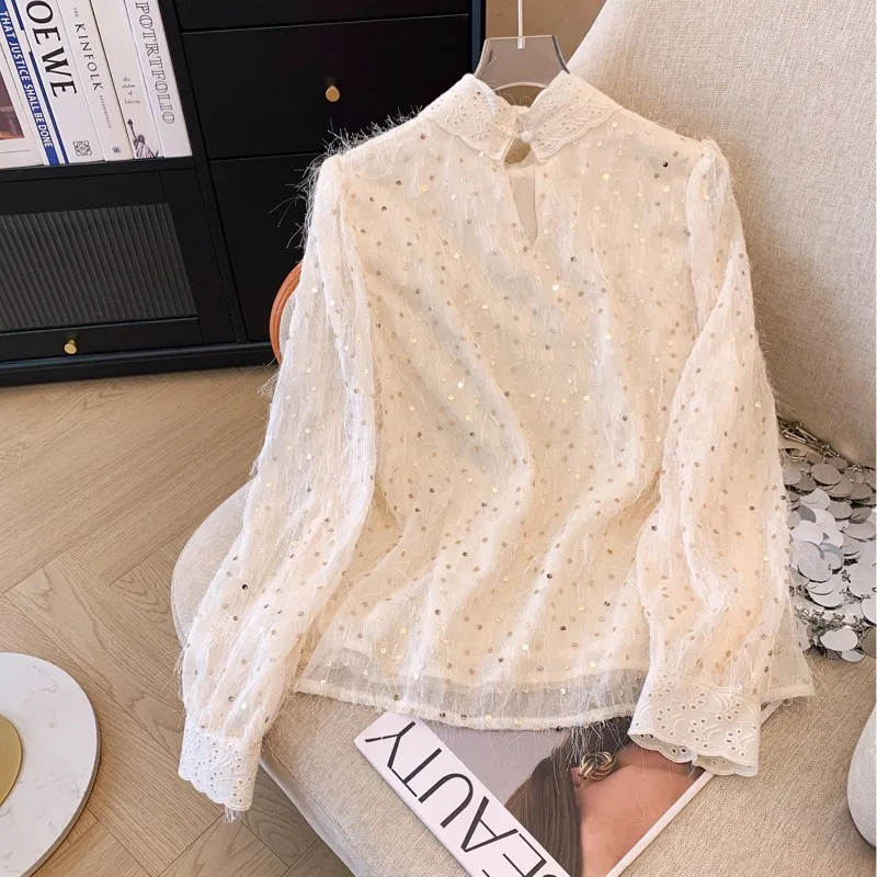 Lace Sequin Bow Long Sleeve Shirt Women's Spring Autumn New High Quality French Sweet Loose Slimming Fashion Commuter Top