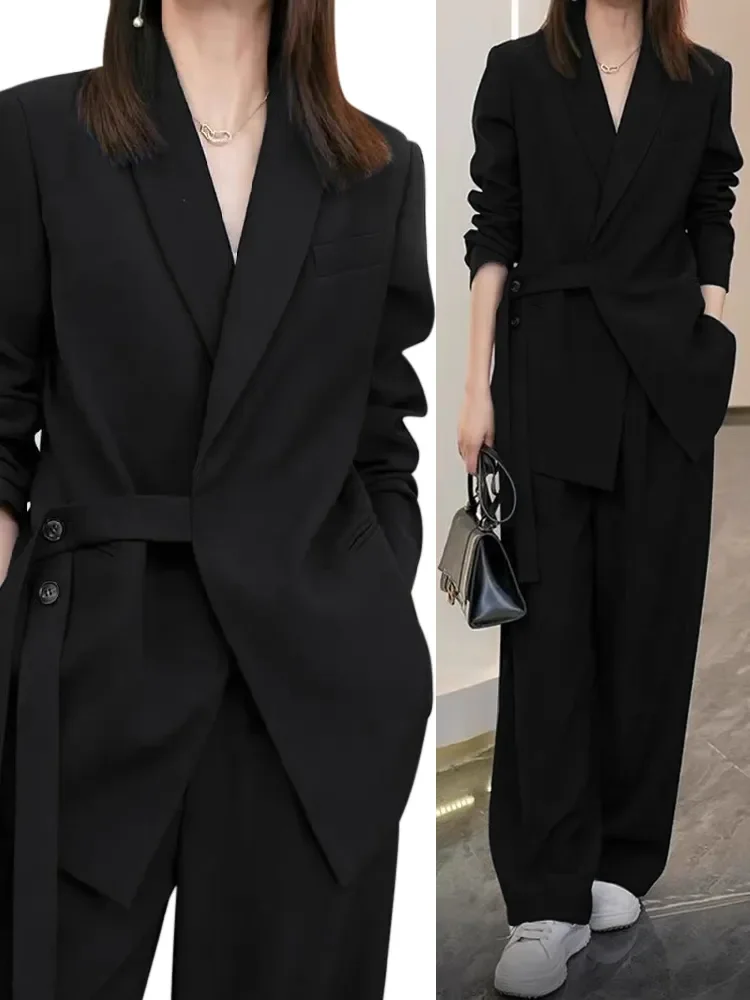 Office Lady Blazer Belt Pant Suits Women\'s Pantsuit Korean Version Notched Baggy Pants Autumn Elegant Euality Chic Women Outfit