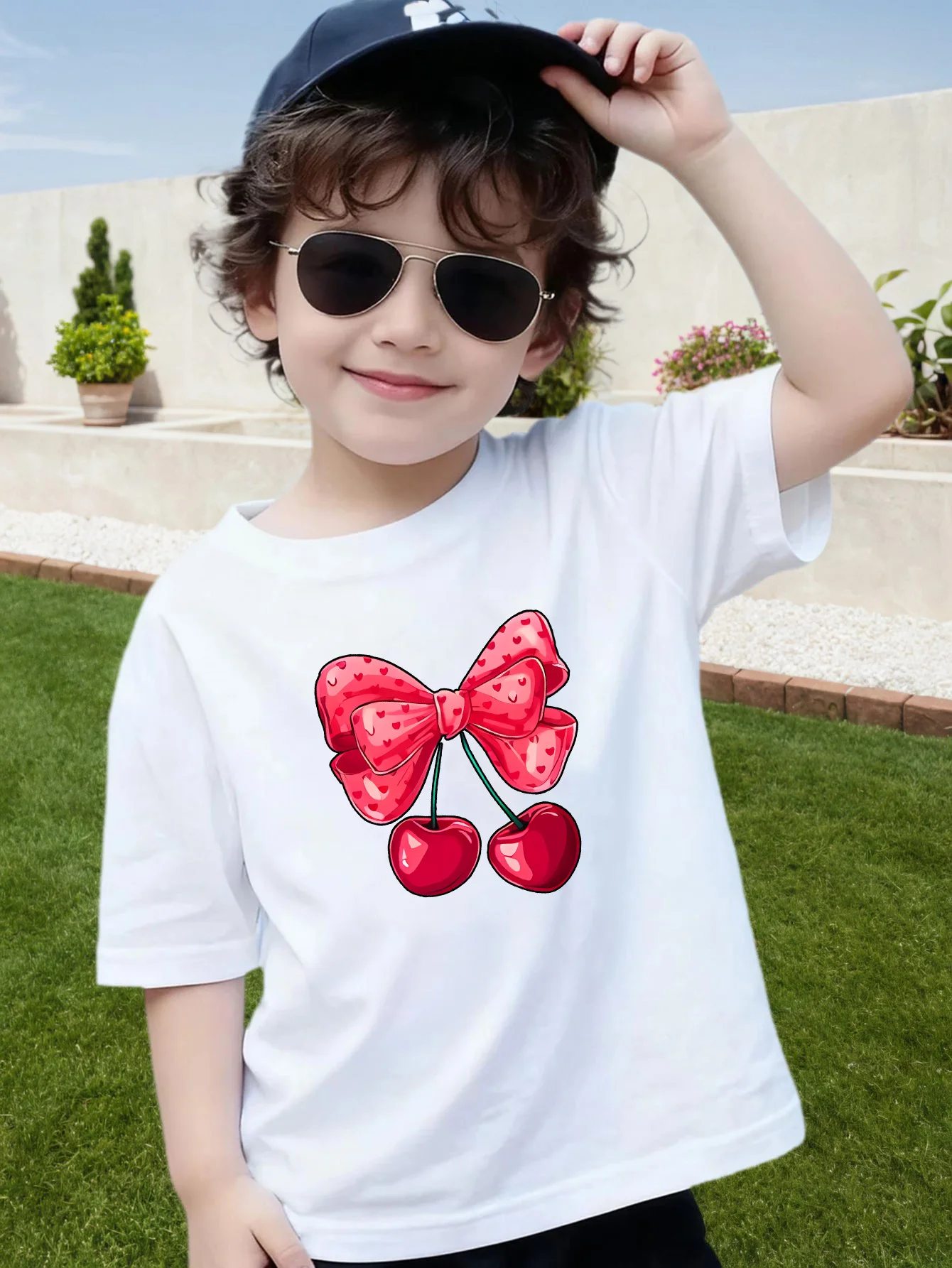 Cute Red Cherry Bow Graphic Boys Girls Family Matching Cotton Short Sleeve Summer Crew Neck Loose Casual Soft Kids Daily Tees
