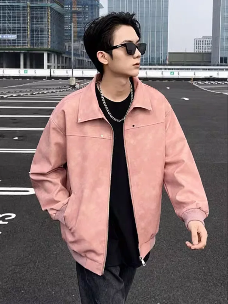 

Pink American Retro PU Leather Jaet Loose Fit Casual Haome Stand Collar Workwear Coat for Men Warm Polyester Fiber