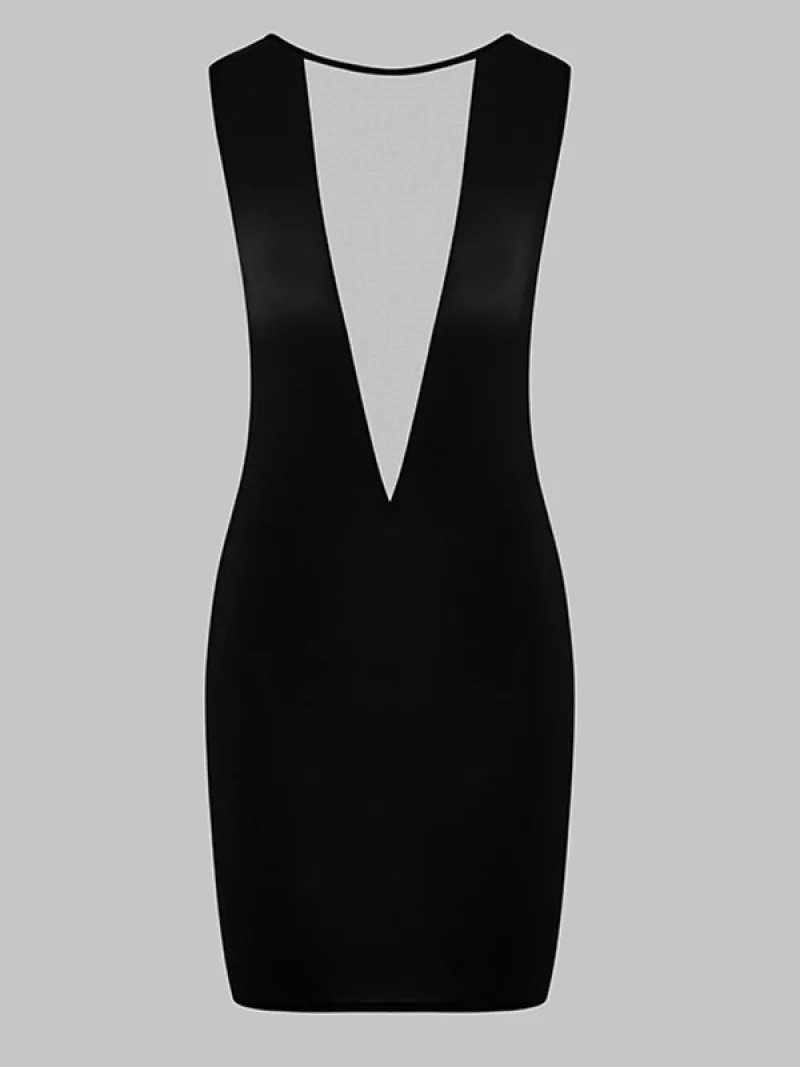 Y2K E-Girl Mesh Panel Plunge V Neck Bodycon Mini Dress Women Black Sleeveless Clubwear image 5