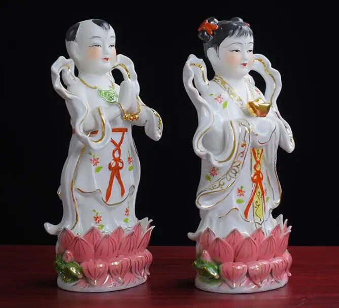 Imagem -02 - Casal Dourado Cor Cerâmica Buddha Figura um Par-top Casa Talismã Budismo Guanyin Tongzi Atacado