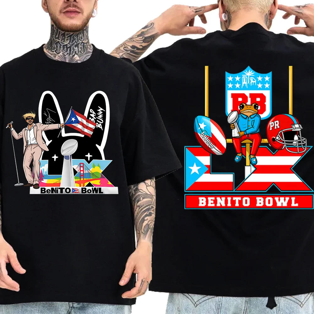 

Футболка Bad Bunny Benito Bowl LX 2026 для мужчин и женщин, повседневная рубашка с коротким рукавом и круглым вырезом в стиле Харадзюку, подарок