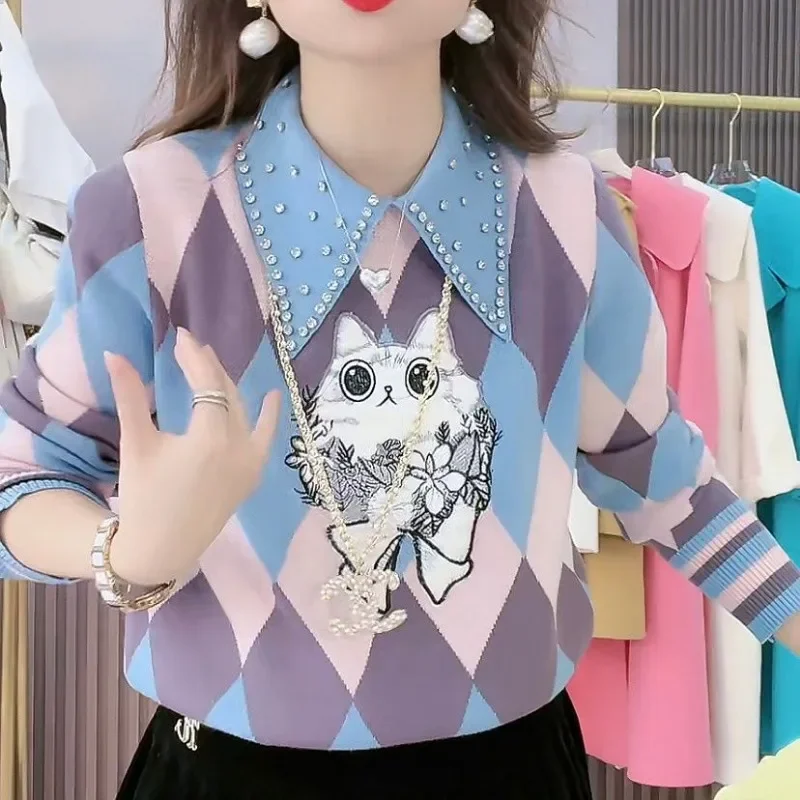 

Свитер шикарный воротник-поло с длинным рукавом тонкий пуловер топы женские стильный винтажный аргайл забавный милый мультяшный трикотаж со стразами