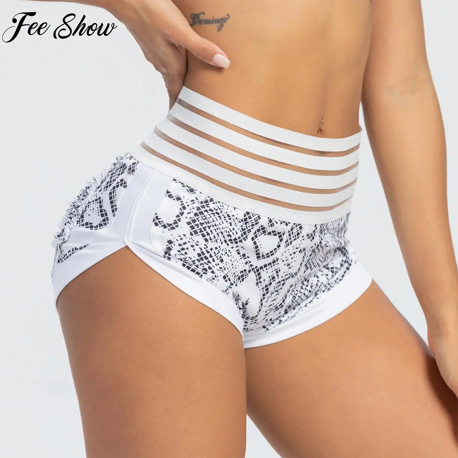 Women High Waist Shorts Camouflage Tiger Snake Elastic Waistband Ruched Back Pocket Breathable Stretchy Quick Dry for Workout