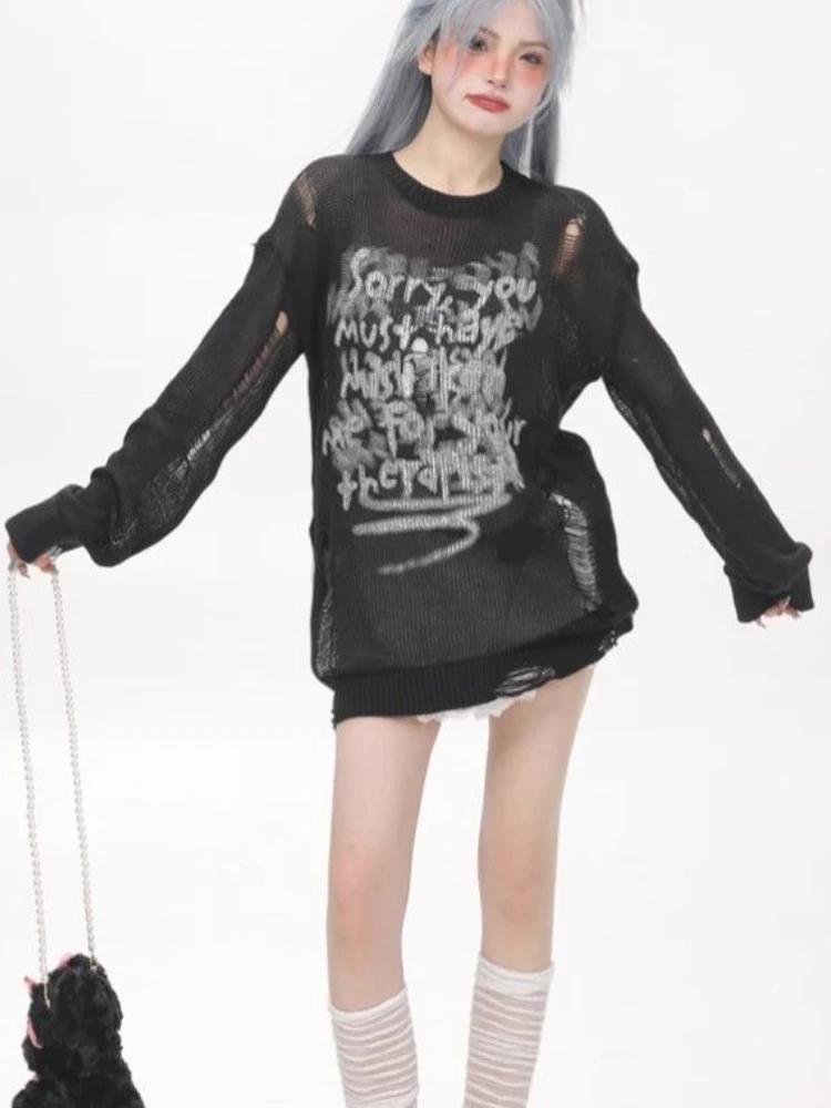 Y2k Punk Print T-shirt Grunge Esthetische Distressed Top Trashy Vintage Jaren 2000 Lange Mouw T-shirt Koreaanse Streetwear See Through Tee