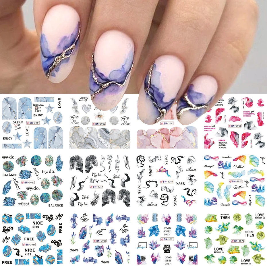 12pcs Marble Nail Water Decals Ink Blooming Textured Stickers for Nails Gradient Foils Charms Spring Slider Manicure Decorations