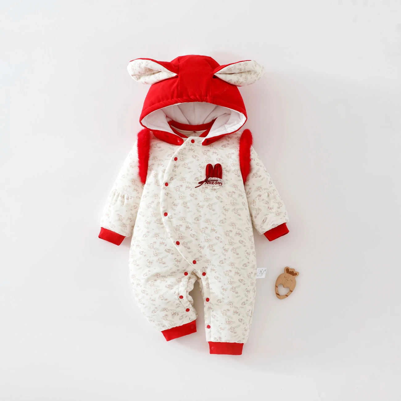 Baby New Year Outfit Winter 120g Padded Jumpsuit Cute Bunny Ears Thickened Baby Romper for Going Out