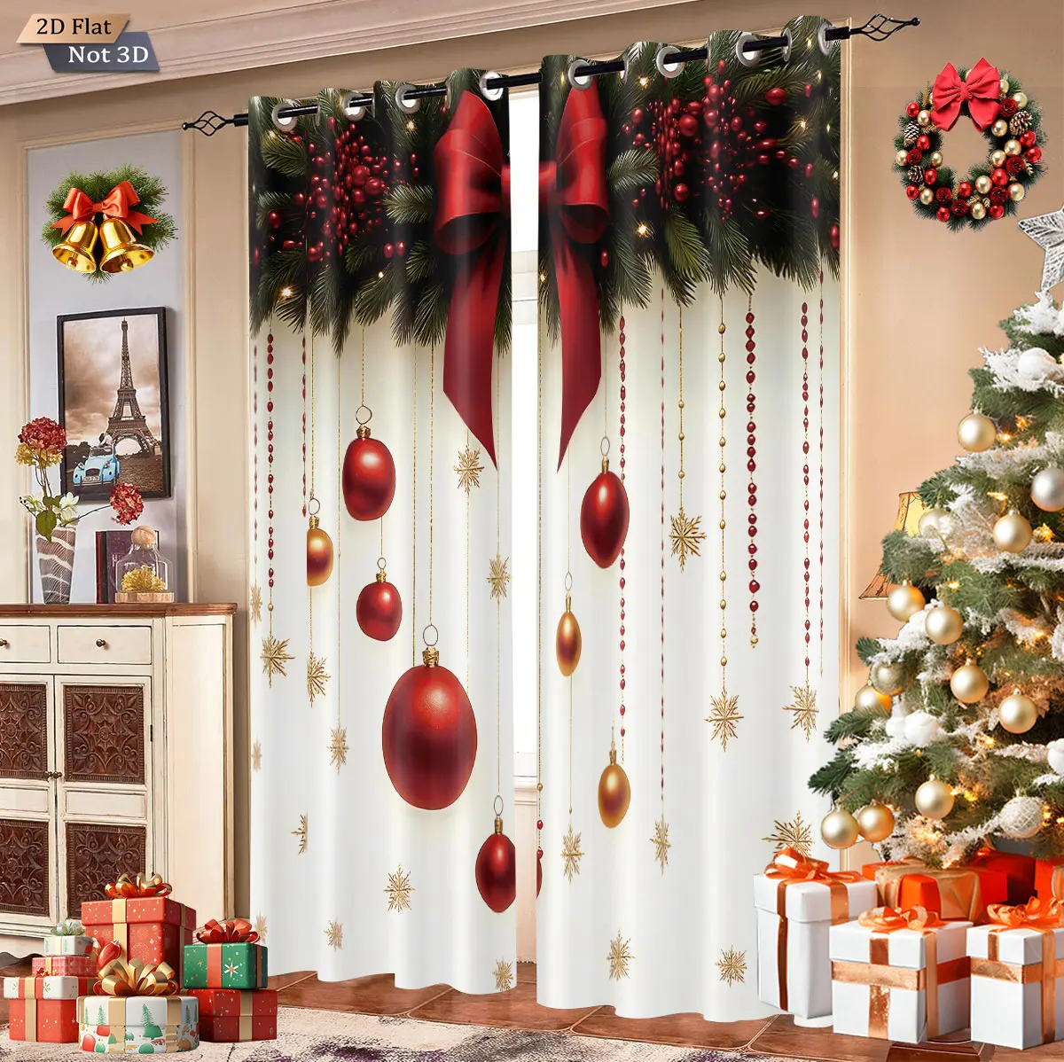 2 Stück Weihnachtsschleife, farbiger Kugeldruck, perforierte Verdunkelungsvorhänge, Isolierung, Wohnzimmer, Urlaubsdekoration, einfache Installation