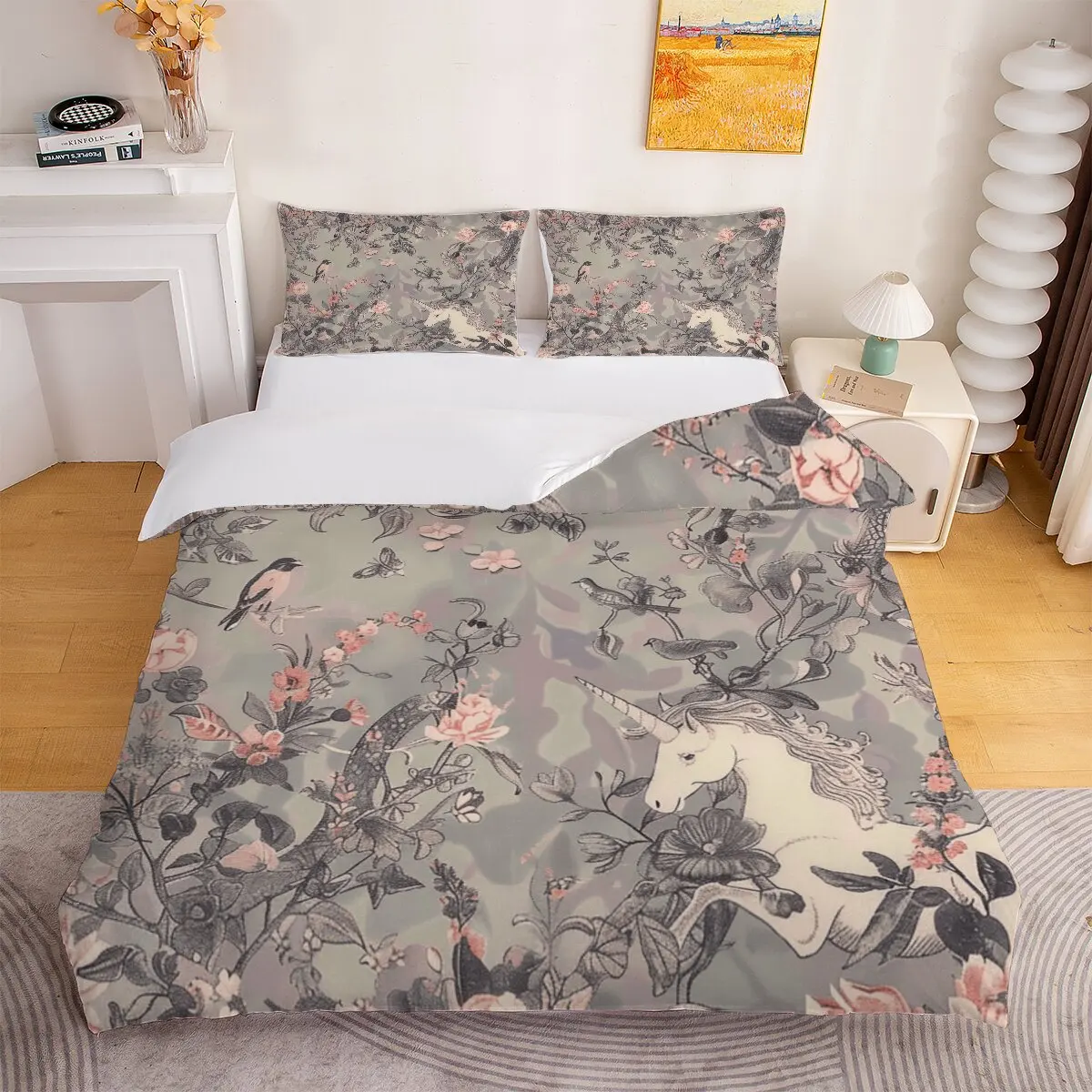 Unicorns  Down comforter set, extra large size  flowers  1 duvet cover and 2 pillowcases (without blankets)