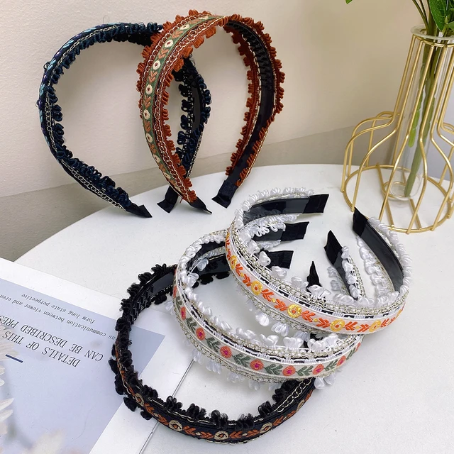 Boho haftowana opaska na głowę szeroka obręcz na głowę nakrycie głowy w stylu Retro eleganckie akcesoria do włosów kobiety dziewczęta