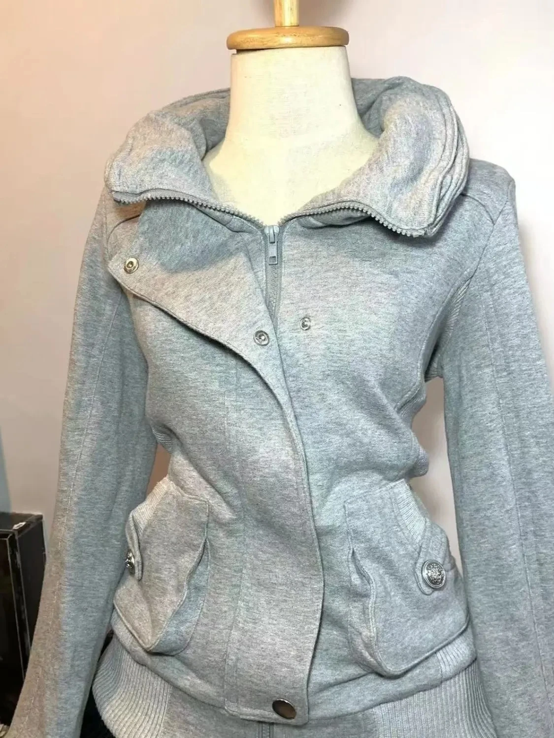 Retro grijs sweatshirt voor dames Vintage high-end mode hoodie sweatshirt lente herfst dames capuchon 2025, nieuwe damesjas