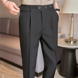 2024 Spring Men Belt Metal Decorative Western Pants Business Leisure Fashion Korean Edition Straight Leg High Grade Hombre Pants