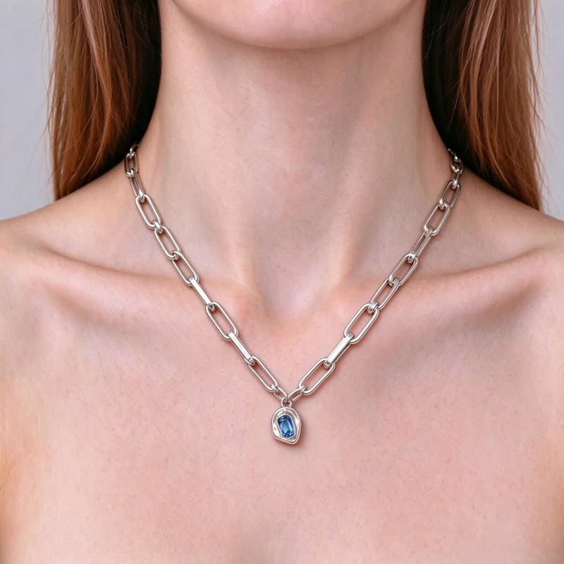 Silver Gemstone Necklace for Women, Blue Sapphire Drop Pendant Chain, 45+6cm with Extender, High Quality Alloy, Hypoallergenic, Polished Mirror Finish, Minimalist Elegant Jewelry, Trendy Layering Statement Necklace, Versatile, Nice Gift, Easy to Match