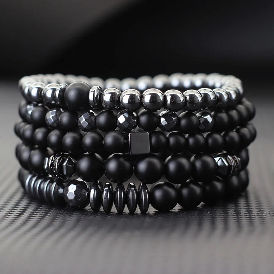 Premium Bracelet Set Men Natural Onyx Hematite Stone Five Combinations Breaded Bangles Modest Luxury Healing Accessories Joias