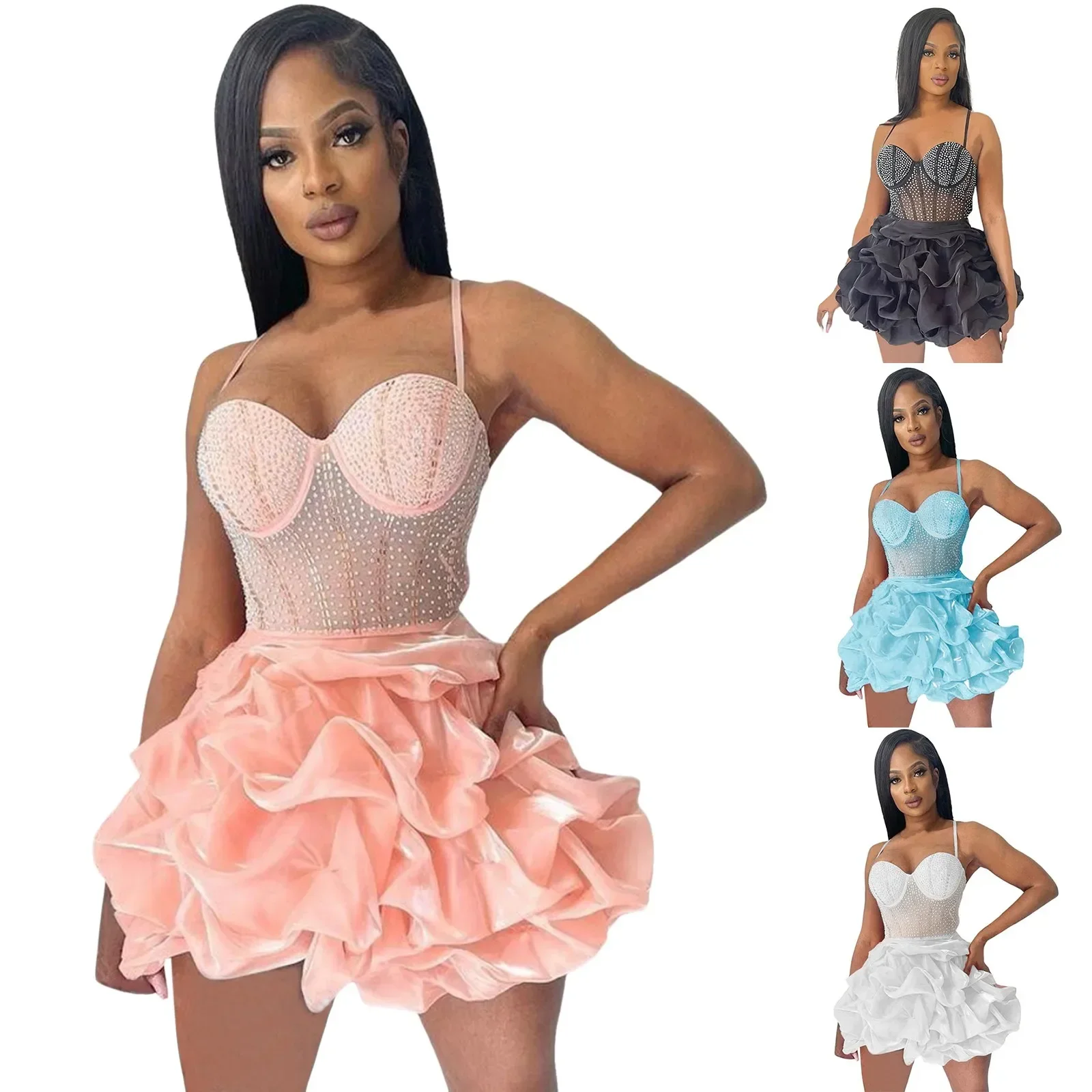 ใหม่ความยาวปานกลางเซ็กซี่ผู้หญิง SHEER ตาข่ายกระโปรงมินิกระโปรงสีทึบ PARTY Night Clubwear หญิงชุด