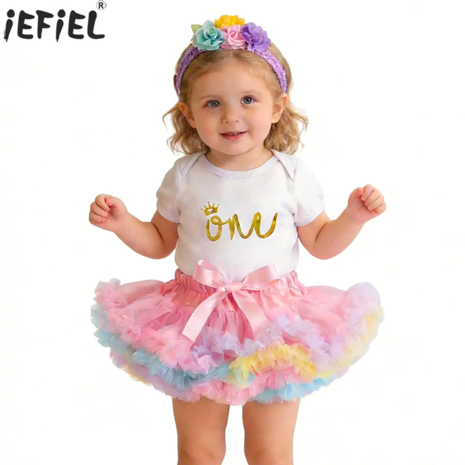 

Baby Girls 3-Piece 1st Birthday Party Outfit Short Sleeves Printed Rompers with Bowknot Ruffled Tutu Skirt And Headband 0-24M