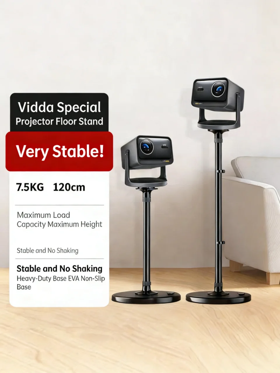 

Напольная подставка для проектора Vidda — прочная и долговечная, подходит для универсальных телескопических подставок для проекторов XGIMI серий M2Pro/C2/C3.