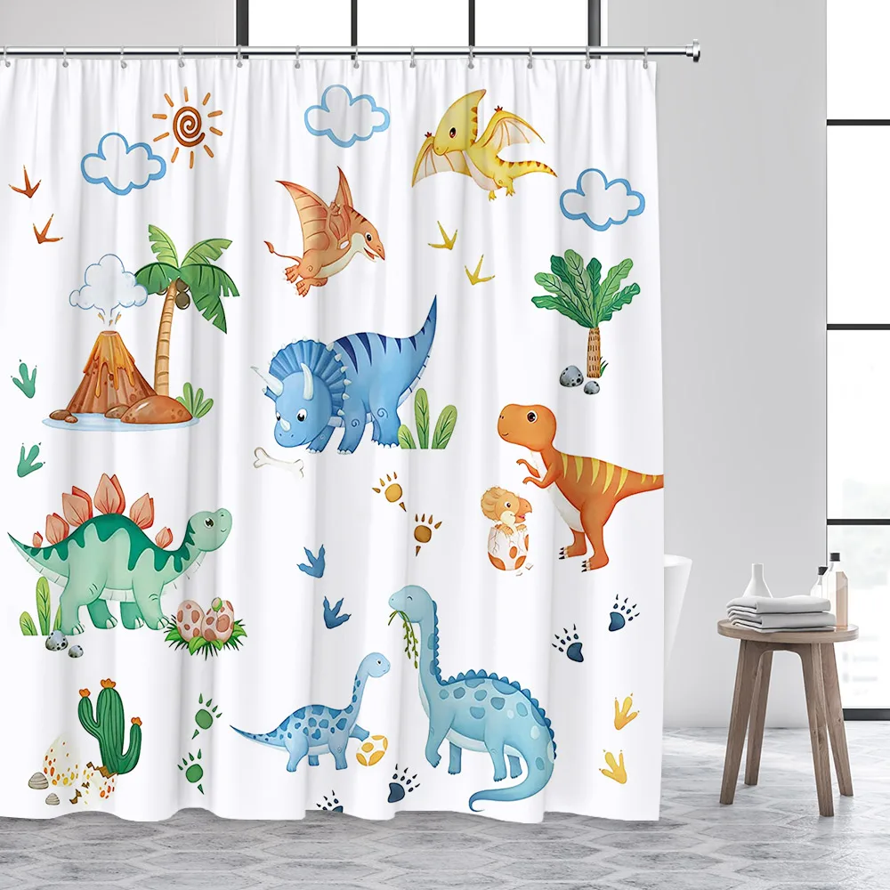 Funny Cartoon Dogs Shower Curtain Cute Dinosaur Tropical Fish Animals Footprints Kids Bath Curtains Polyester Bathroom Decor Set