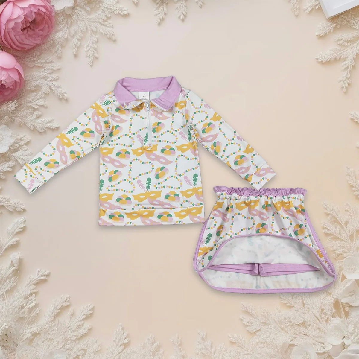 Baby Girl Long Sleeve Donuts Masks Zipper Pullover Top Mardi Gras Skirt Skorts Set Active Toddler Kids Children Outfit Wholesale