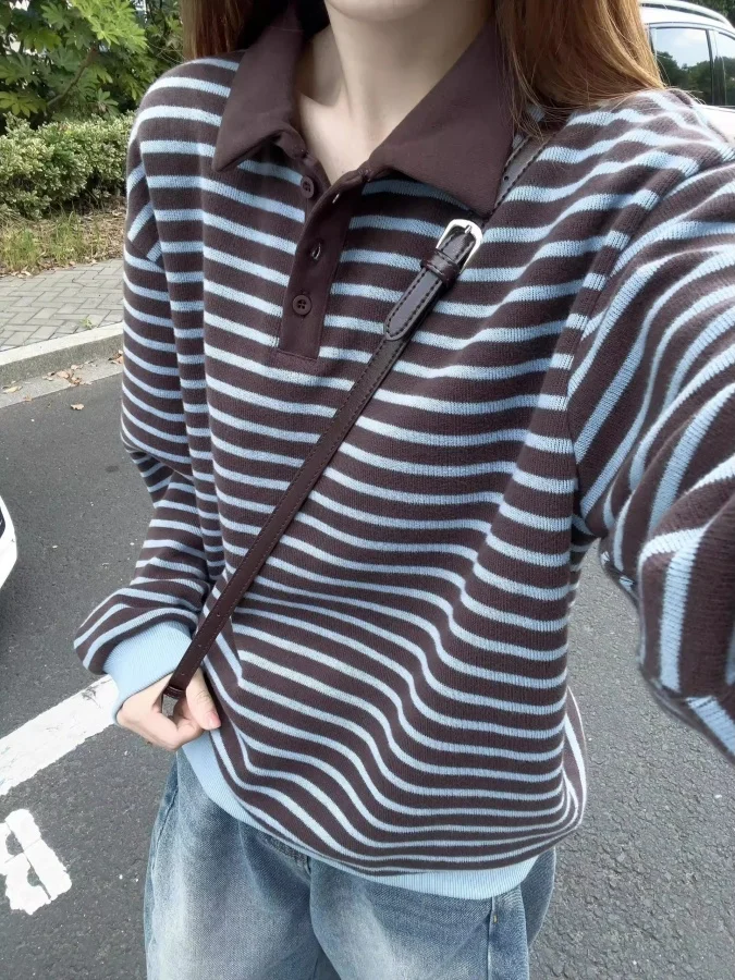 Retro Korean Style Striped Long Sleeve Women's Sweater Autumn Winter Loose Fit Single Wear Super Good Design Sense Knitted Top
