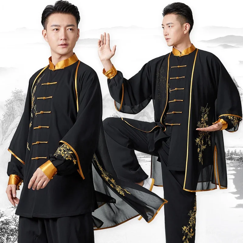 Mężczyźni Tai Chi Clothes Wushu Clothing Three Pieces Kung Fu Dress Martial Art Uniform Performance Black Wrinkle Free 2024 New Style