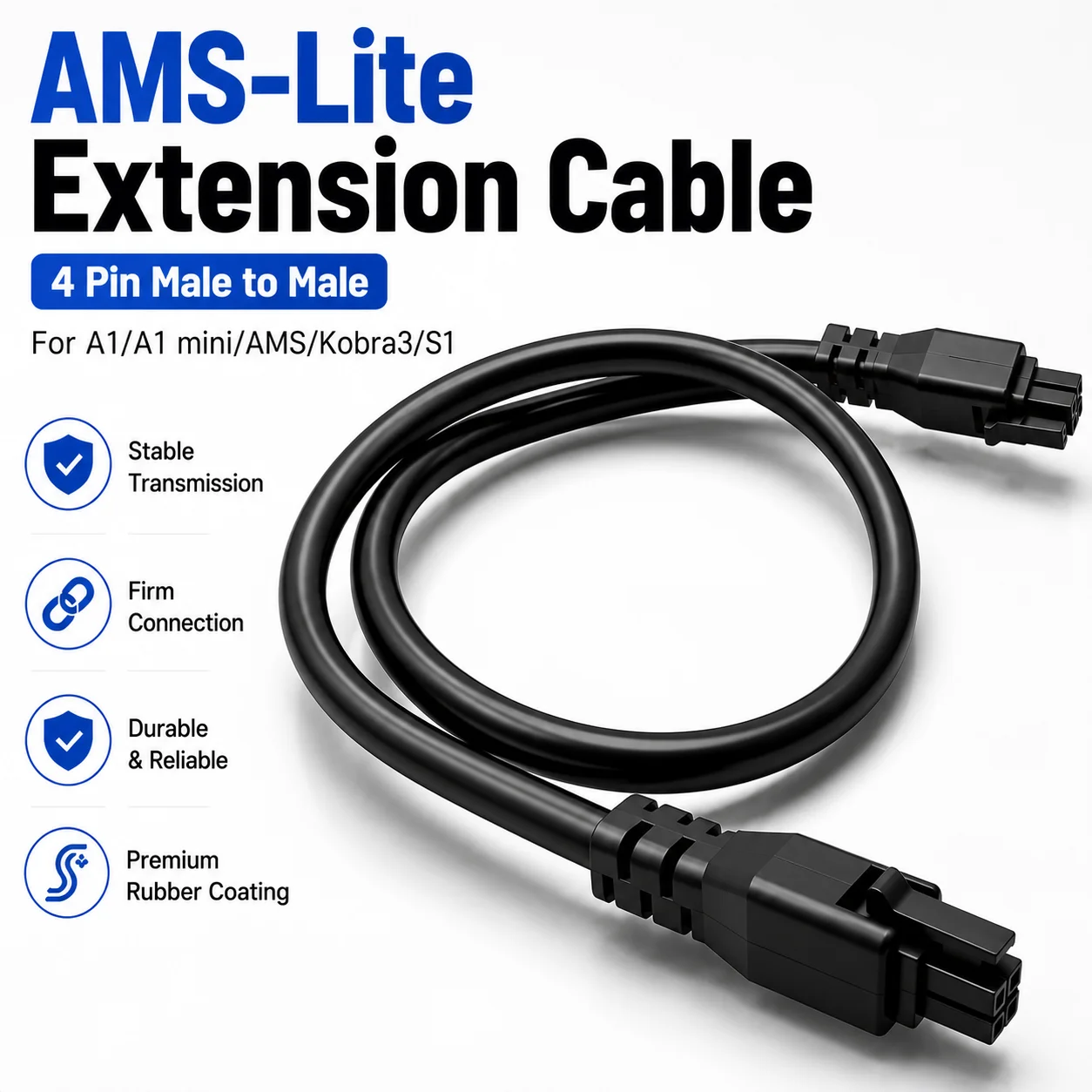 Für Lab AMS Lite Verlängerungskabel ohne Magnetring, Gummibeschichtung, 4-Pin Stecker auf Stecker, Original-Buskabel für A1 A1 Mini