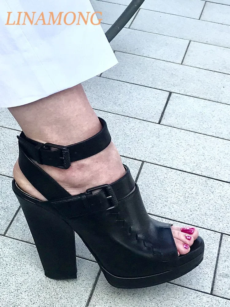 

Peep Toe Block buckle Heel Sandals Women Black Crocodile Print Leather Sandals Ankle Strap Platform Chunky fashion Heel Shoes