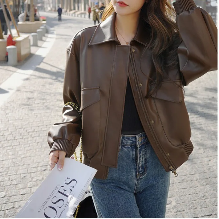 Women Faux Leather Coats Solid PU Jacket Turn Down Collar Long Sleeve Zipper Loose Fit Casual Moto Streetwear 2026 Autumn Spring