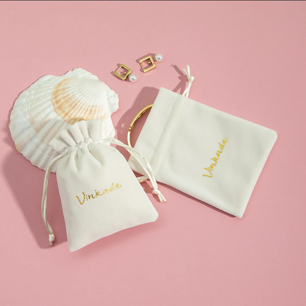 

50Pcs Beige Custom Logo Jewelry Velvet Drawstring Bag Suede Flannel Storage Pouch Personalized Sack For Earring Keychain Keyring