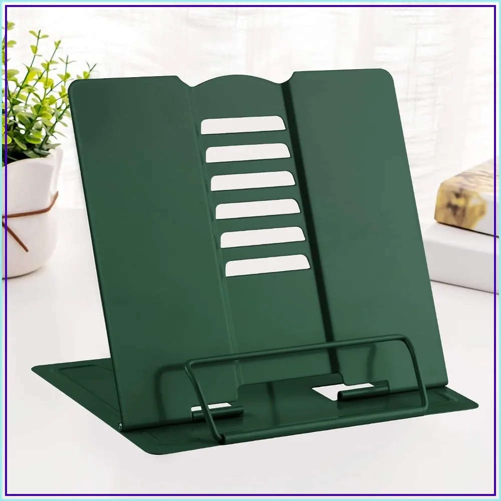 Adjustable Metal Book Stand for Reading, Cooking, Tablet - Portable & Sturdy with Page Clips, Military Green